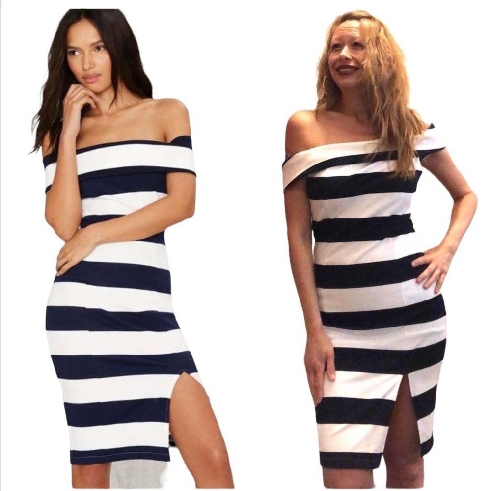 Dance & Marvel Bodycon Off Shoulder Dress Navy Blue White Size Large Stripe